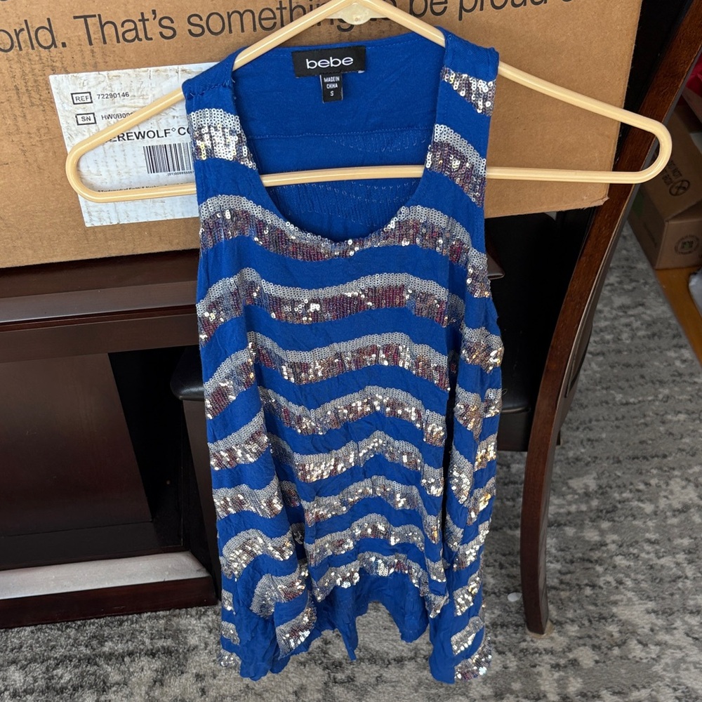 Vintage Bebe Striped Blue and Silver Sequin Top